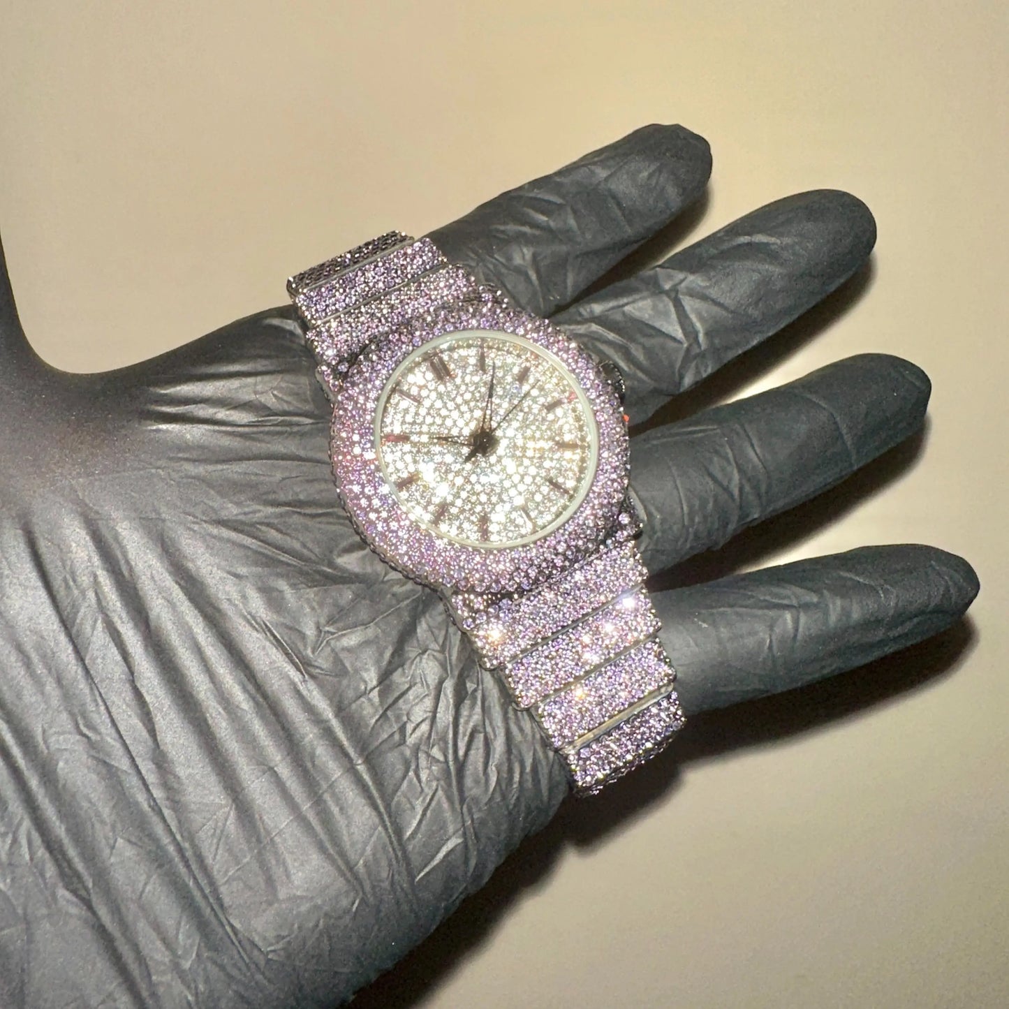 Men'S 41Mm round Luxury Purple Diamond ICED-OUT Hiphop Luxury Bling Watch
