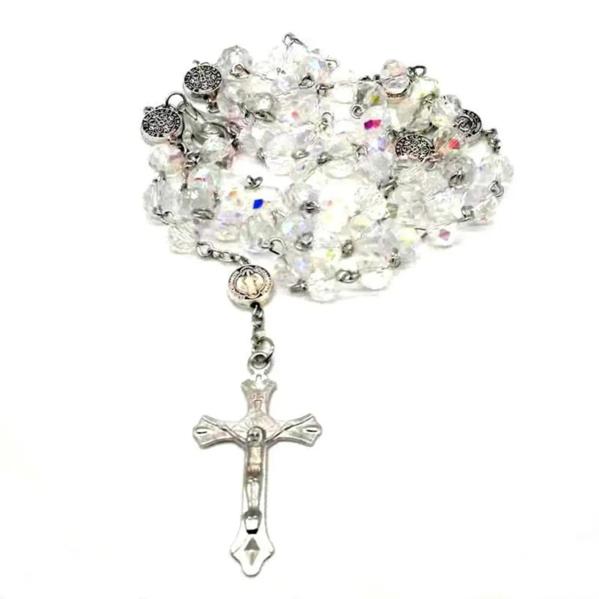 1 Pc Colorful Crystal Bead Cross Pendant Necklace - Catholic Crucifix Statement Piece for Men, Long Chain Costume Jewelry, Baptism & First Communion Back to School Gift, Necklaces