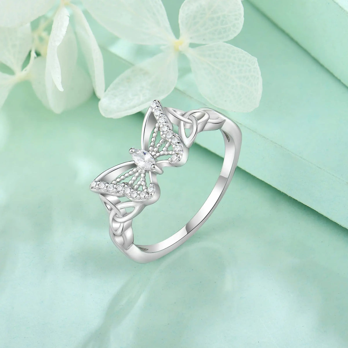 Women'S S925 Sterling Silver Butterfly Design CZ Ring - Celtic Knot Band, 5A Cubic Zirconia Accents, Ornate Silver-Toned Ring for Daily Wear, Classic Female Fashion Jewelry, Cz Rings