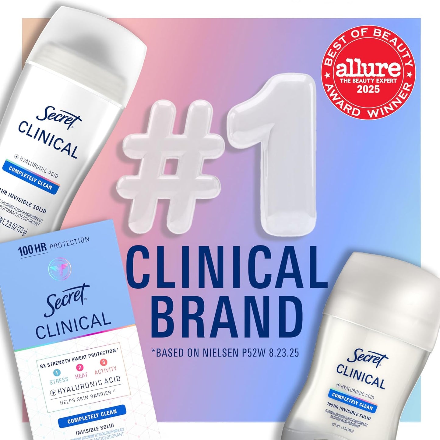 Clinical Strength 100HR Sweat & Odor, Invisible Solid Antiperspirant Deodorant for Women, 3X Stress Protection with Hyaluronic Acid, PH Balanced, Clean Lavender Scent, 2.6 Oz