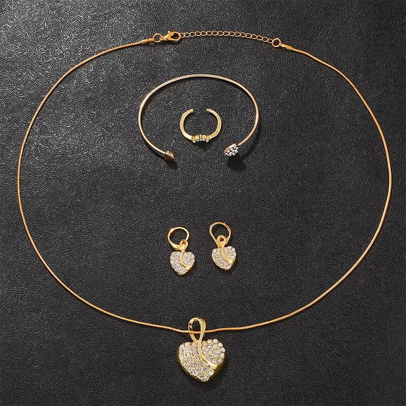 Women'S Quartz Watch Gold Luxury Women Ring Necklace Earring Rhinestone Fashion Wristwatch Casual Ladies Watches Jewelry Set