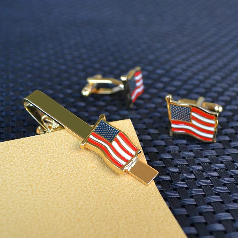 American Tie Clip for Men, Gold American Flag Necktie Bar Clips, Formal Tie Pins Stickpin Gift for USA Governor, Officer, Lawyer, Soldier, Patriot, Cops, Policemen (Waving Clip)