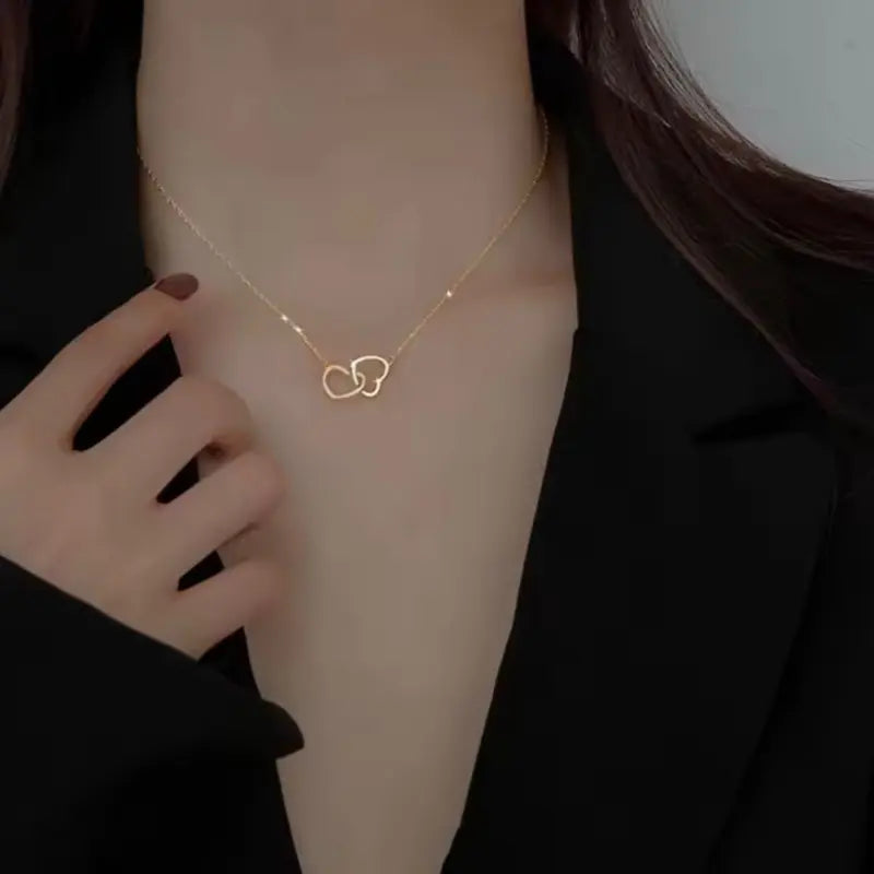 Elegant Double Heart Pendant Necklace – Minimalist Gold Chain Jewelry for Women, Perfect Gift for Women Golden Heart Necklace Love Heart Necklace