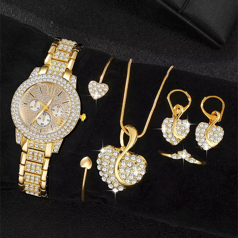 Women'S Quartz Watch Gold Luxury Women Ring Necklace Earring Rhinestone Fashion Wristwatch Casual Ladies Watches Jewelry Set
