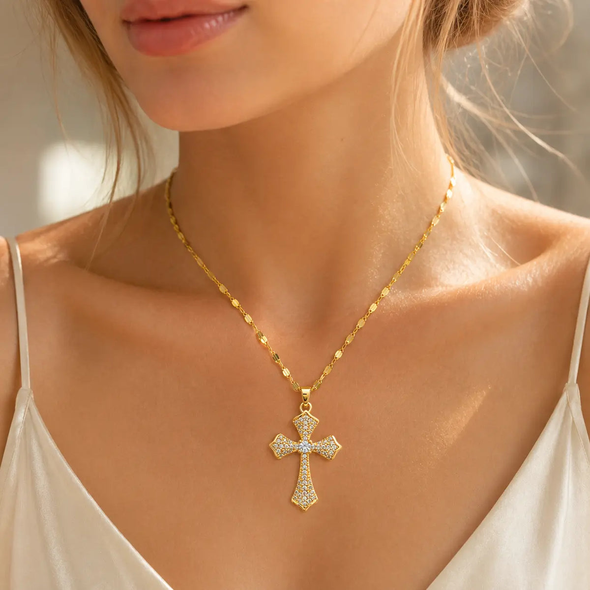 Women'S Sparkling Gold CZ Crystal Cross Pendant Necklace - Adjustable Unisex Talisman Jewelry, Fall Deal Fashion Accessory
