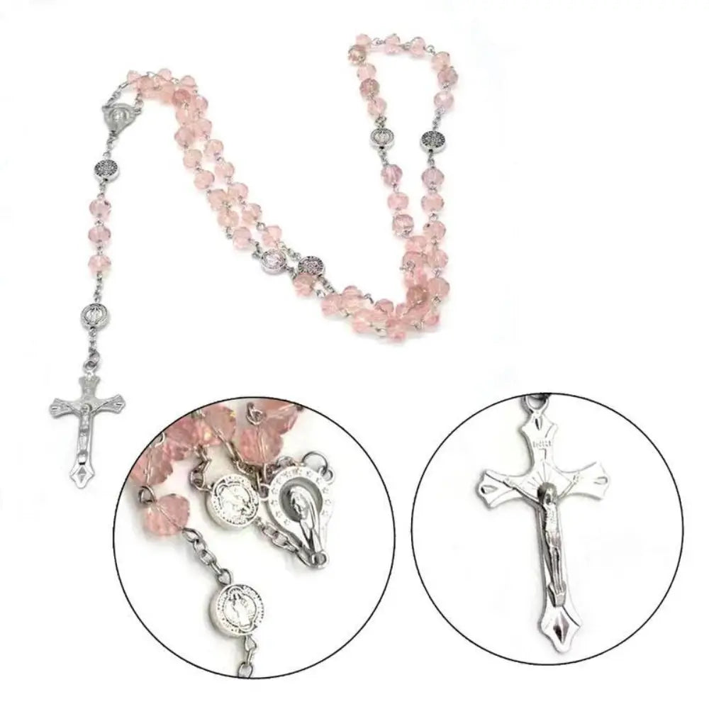 1 Pc Colorful Crystal Bead Cross Pendant Necklace - Catholic Crucifix Statement Piece for Men, Long Chain Costume Jewelry, Baptism & First Communion Back to School Gift, Necklaces