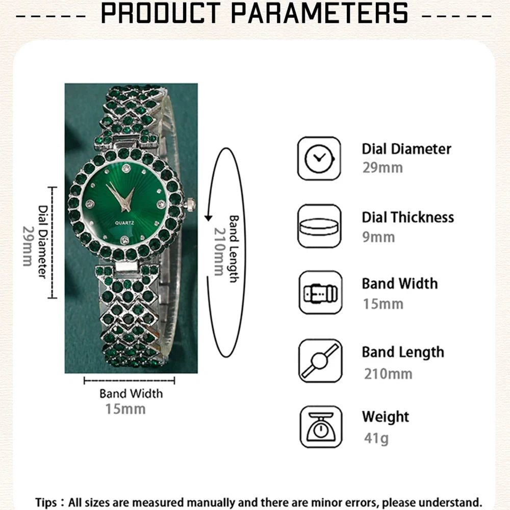 Women Fashion Watches Heart Rhinestone Ring Necklace Earring Jewelry Set Luxury Dress Quartz Wristwatch Simple Elegant Watch Gif
