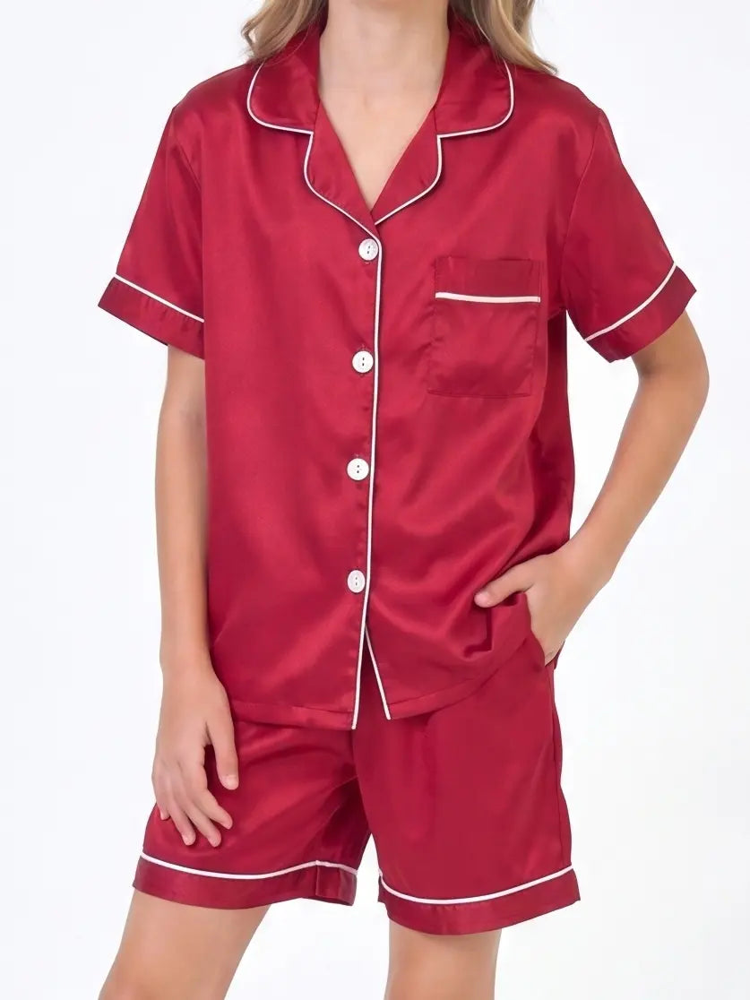 Girls' 2-Piece Collared Silk Satin Pajama Set, Summer Short-Sleeve Button-Down Sleepwear, Luxury Wine Red Loungewear for Kids, Collared Pajama Set