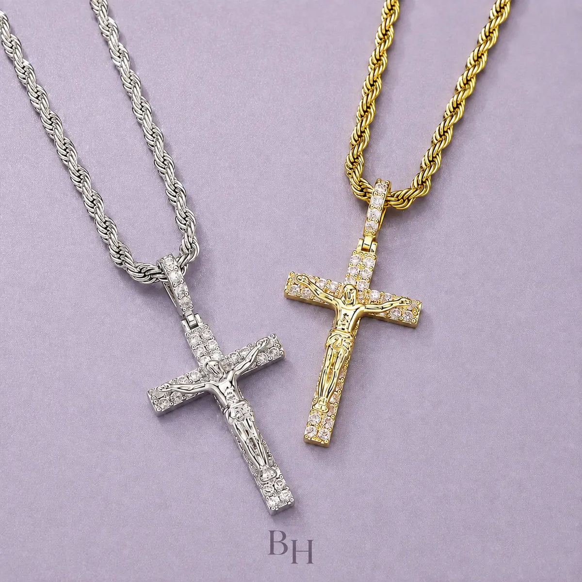 BH 14K Gold-Plated Metal Rope Chain Necklace, Jesus Cross Pendant Fashion Costume Jewelry Accessory,Sohochic