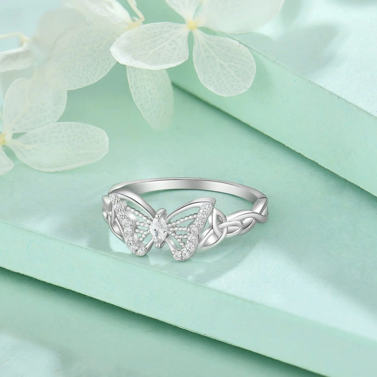 Women'S S925 Sterling Silver Butterfly Design CZ Ring - Celtic Knot Band, 5A Cubic Zirconia Accents, Ornate Silver-Toned Ring for Daily Wear, Classic Female Fashion Jewelry, Cz Rings