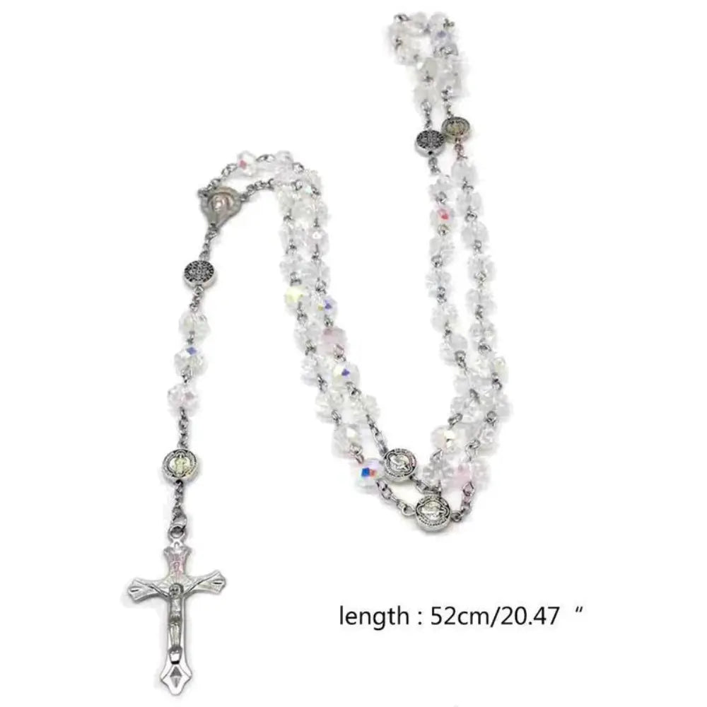 1 Pc Colorful Crystal Bead Cross Pendant Necklace - Catholic Crucifix Statement Piece for Men, Long Chain Costume Jewelry, Baptism & First Communion Back to School Gift, Necklaces