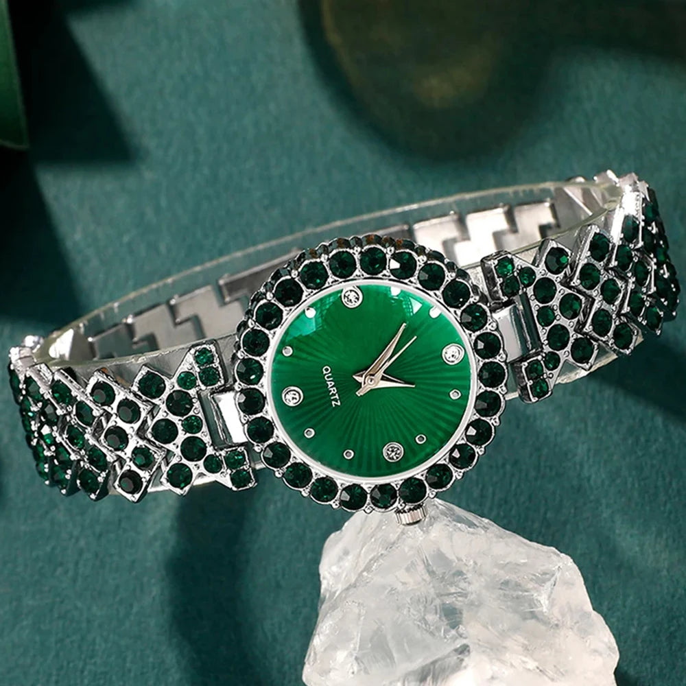 Women Fashion Watches Heart Rhinestone Ring Necklace Earring Jewelry Set Luxury Dress Quartz Wristwatch Simple Elegant Watch Gif