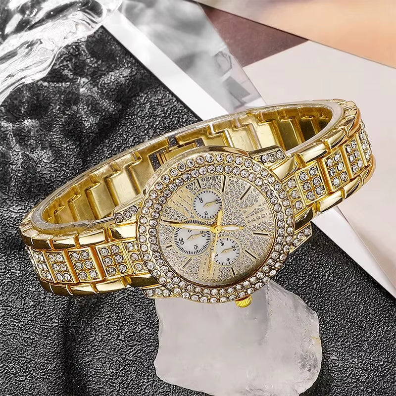 Women'S Quartz Watch Gold Luxury Women Ring Necklace Earring Rhinestone Fashion Wristwatch Casual Ladies Watches Jewelry Set