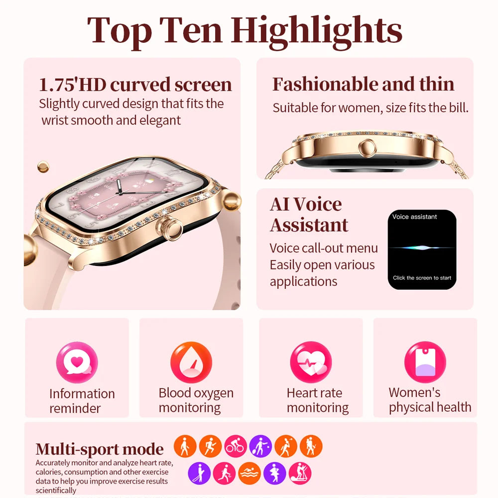 New Luxury Smart Watch Women 1.75" HD Display Heart Rate Sport Fitness IP68 Waterproof Bluetooth Call Smartwatch for Lady Gift