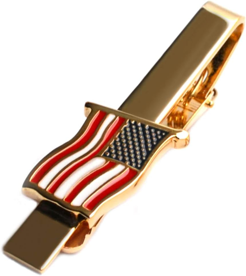 American Tie Clip for Men, Gold American Flag Necktie Bar Clips, Formal Tie Pins Stickpin Gift for USA Governor, Officer, Lawyer, Soldier, Patriot, Cops, Policemen (Waving Clip)