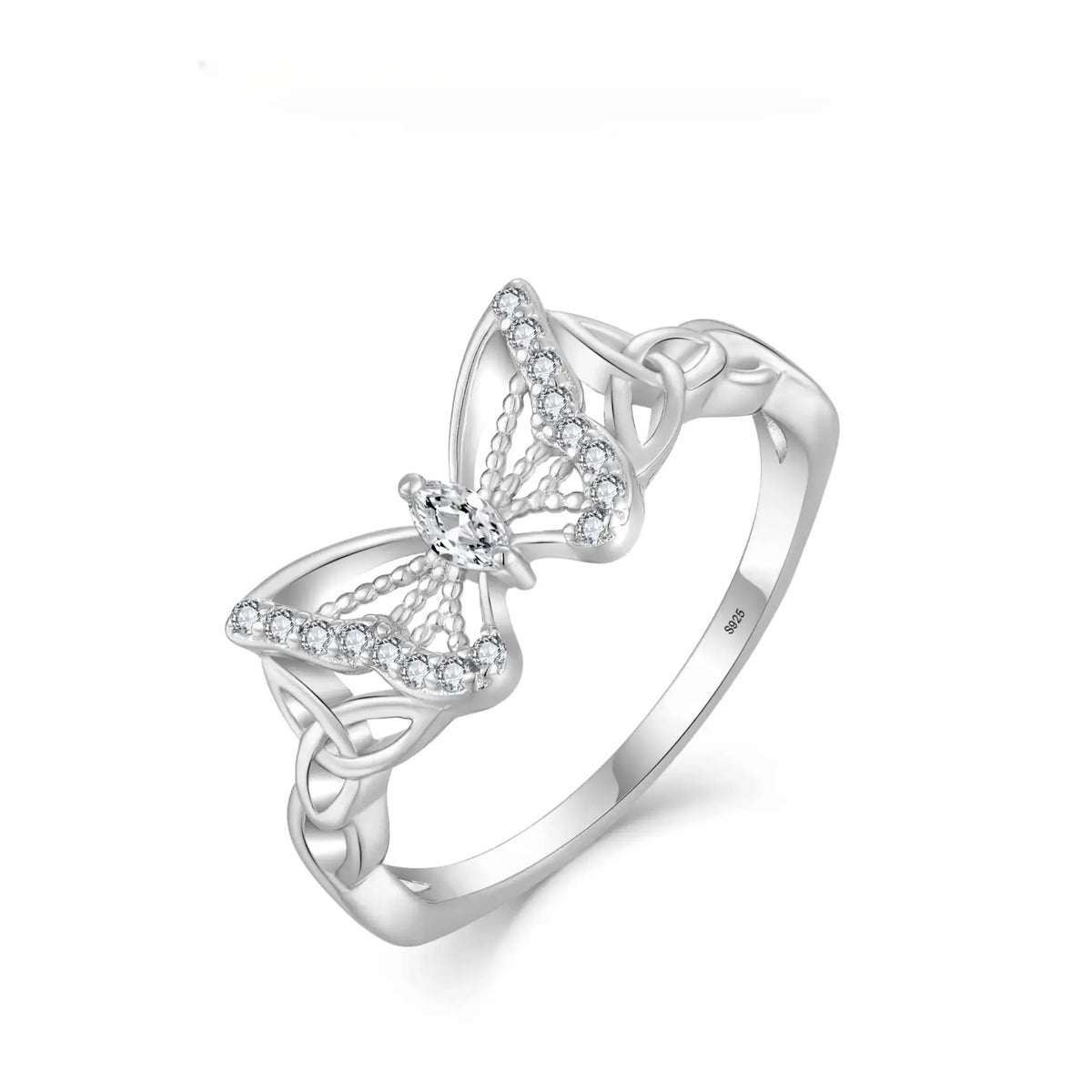 Women'S S925 Sterling Silver Butterfly Design CZ Ring - Celtic Knot Band, 5A Cubic Zirconia Accents, Ornate Silver-Toned Ring for Daily Wear, Classic Female Fashion Jewelry, Cz Rings