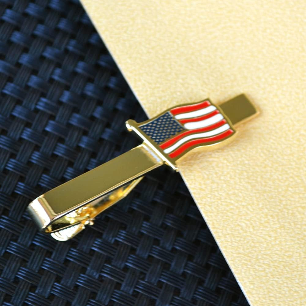 American Tie Clip for Men, Gold American Flag Necktie Bar Clips, Formal Tie Pins Stickpin Gift for USA Governor, Officer, Lawyer, Soldier, Patriot, Cops, Policemen (Waving Clip)