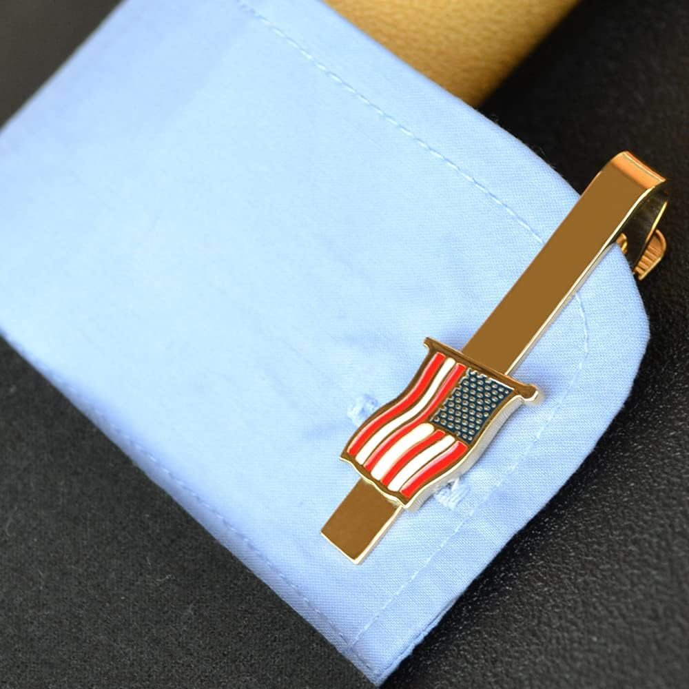 American Tie Clip for Men, Gold American Flag Necktie Bar Clips, Formal Tie Pins Stickpin Gift for USA Governor, Officer, Lawyer, Soldier, Patriot, Cops, Policemen (Waving Clip)