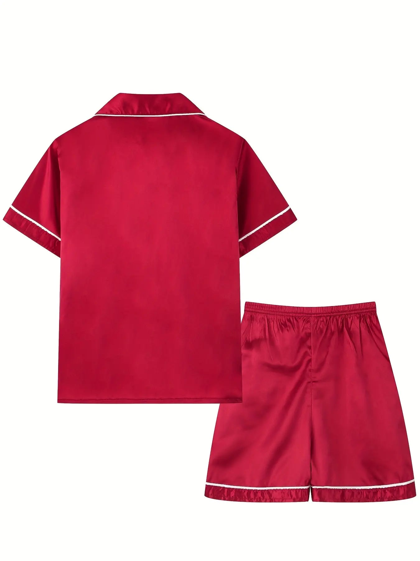 Girls' 2-Piece Collared Silk Satin Pajama Set, Summer Short-Sleeve Button-Down Sleepwear, Luxury Wine Red Loungewear for Kids, Collared Pajama Set