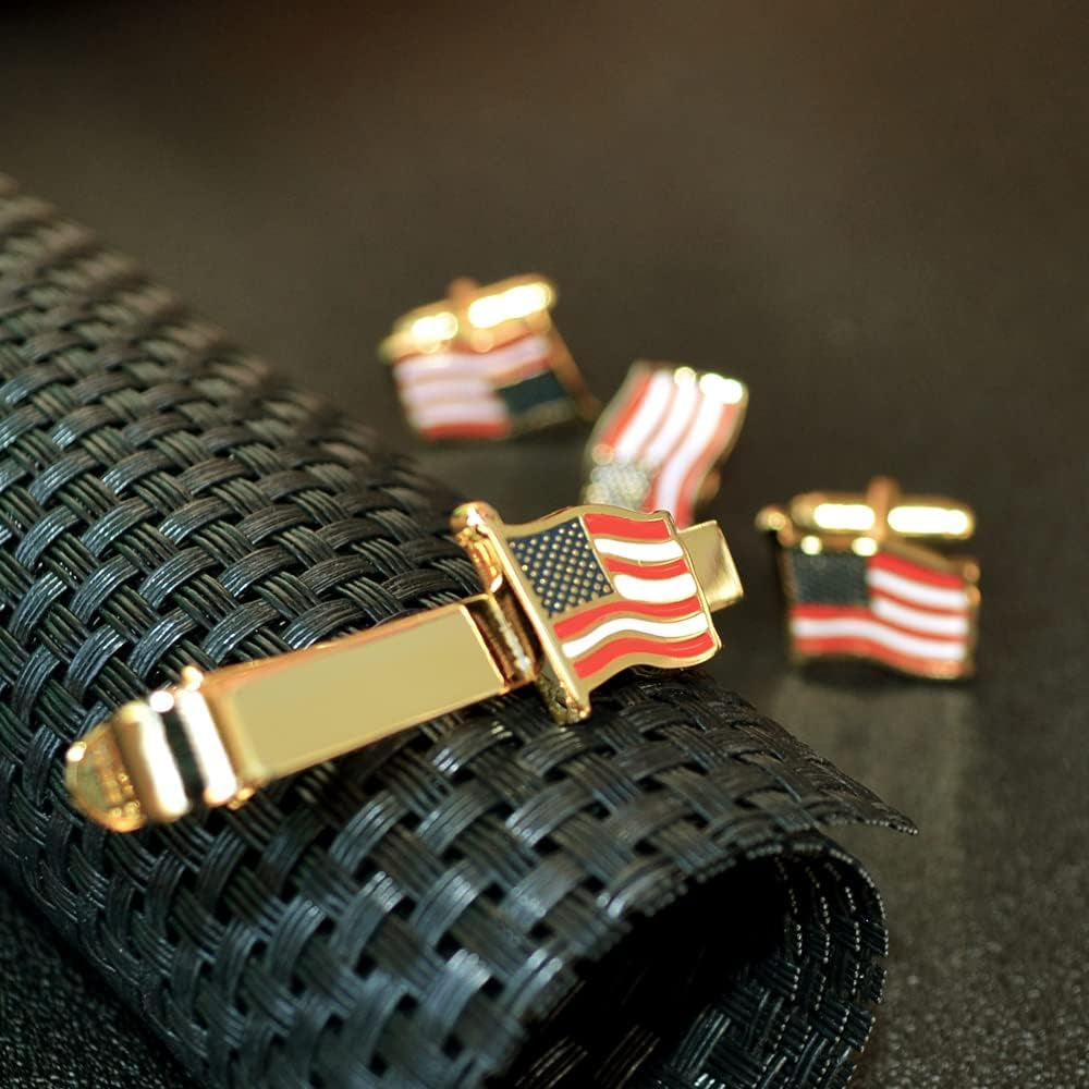 American Tie Clip for Men, Gold American Flag Necktie Bar Clips, Formal Tie Pins Stickpin Gift for USA Governor, Officer, Lawyer, Soldier, Patriot, Cops, Policemen (Waving Clip)