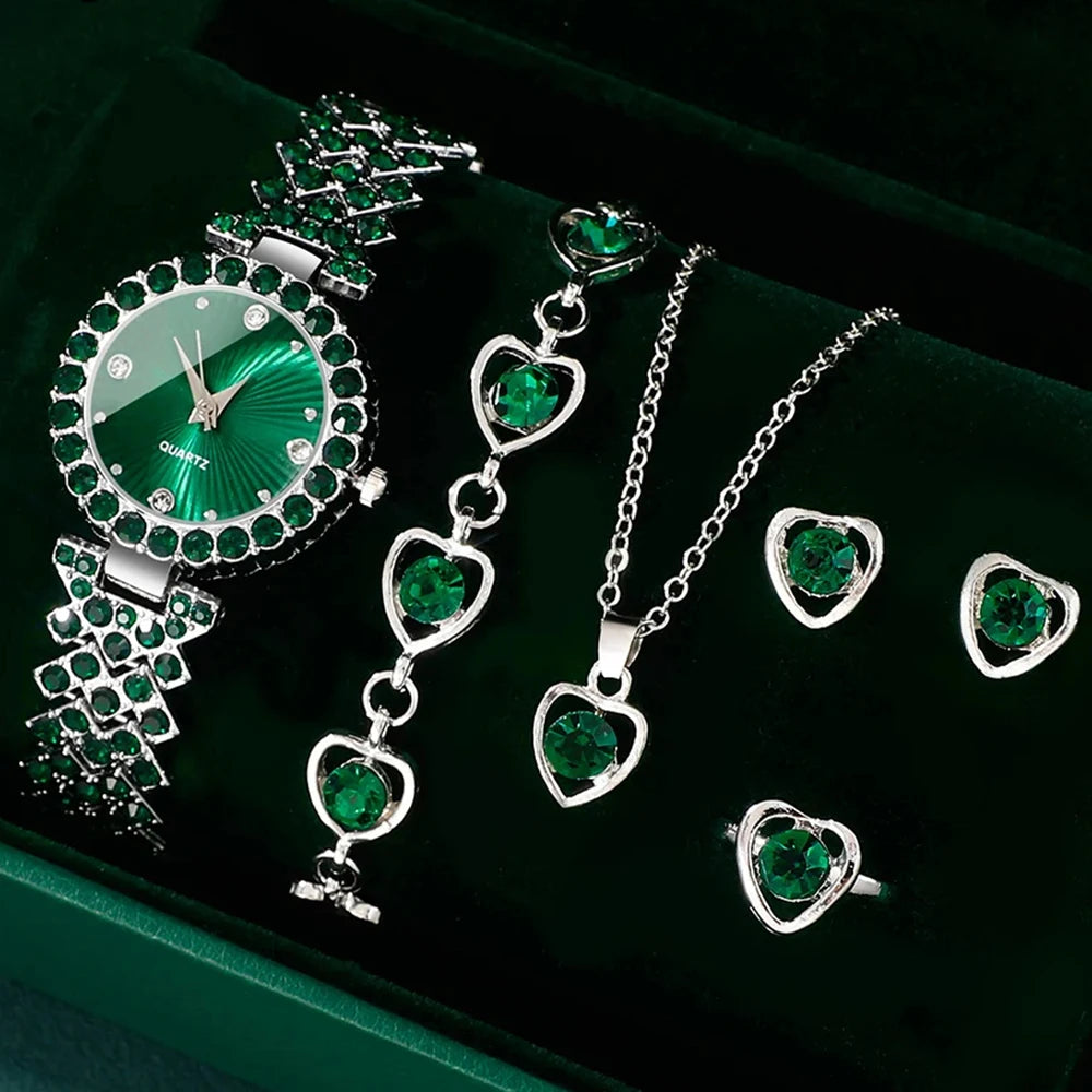 Women Fashion Watches Heart Rhinestone Ring Necklace Earring Jewelry Set Luxury Dress Quartz Wristwatch Simple Elegant Watch Gif