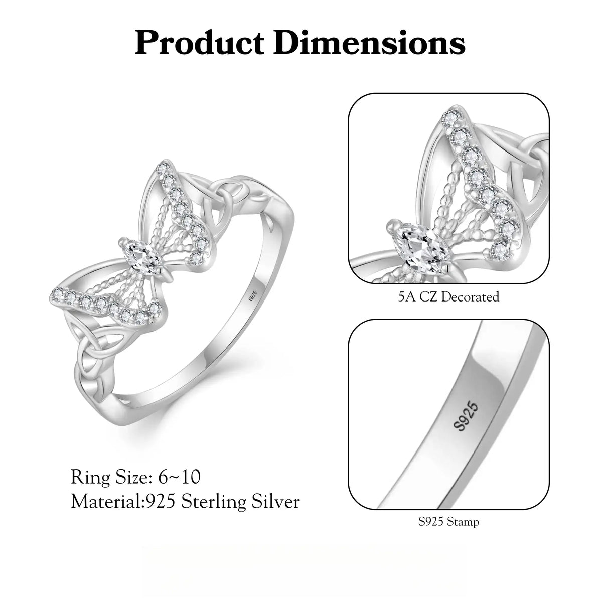 Women'S S925 Sterling Silver Butterfly Design CZ Ring - Celtic Knot Band, 5A Cubic Zirconia Accents, Ornate Silver-Toned Ring for Daily Wear, Classic Female Fashion Jewelry, Cz Rings