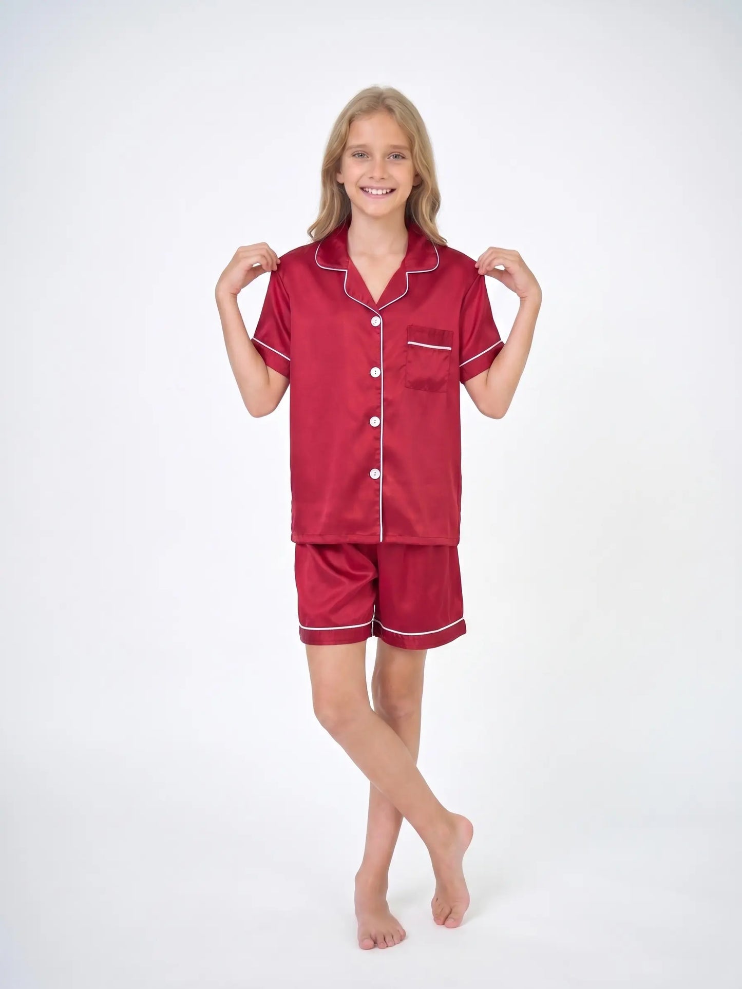 Girls' 2-Piece Collared Silk Satin Pajama Set, Summer Short-Sleeve Button-Down Sleepwear, Luxury Wine Red Loungewear for Kids, Collared Pajama Set