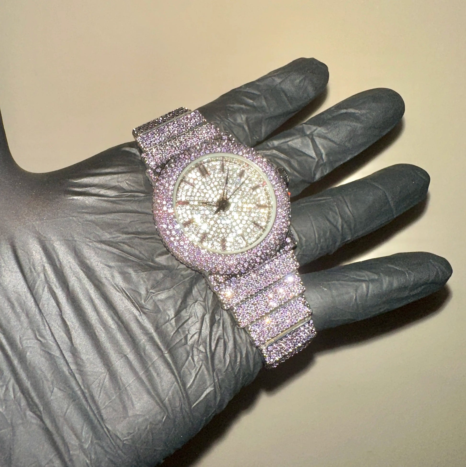 Men'S 41Mm round Luxury Purple Diamond ICED-OUT Hiphop Luxury Bling Watch