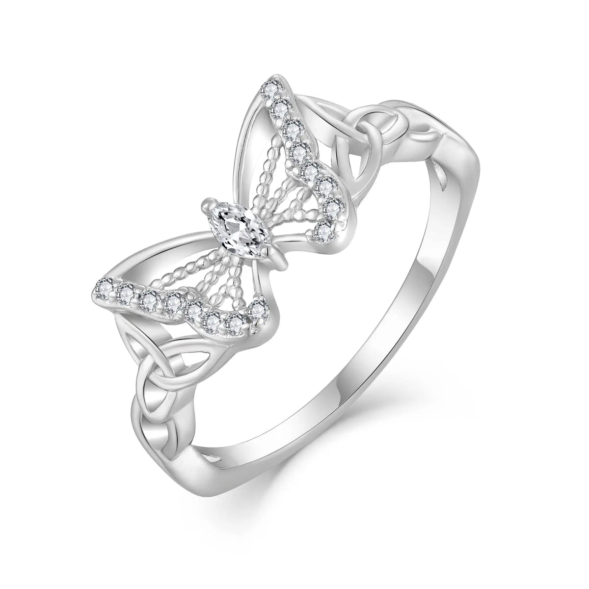 Women'S S925 Sterling Silver Butterfly Design CZ Ring - Celtic Knot Band, 5A Cubic Zirconia Accents, Ornate Silver-Toned Ring for Daily Wear, Classic Female Fashion Jewelry, Cz Rings