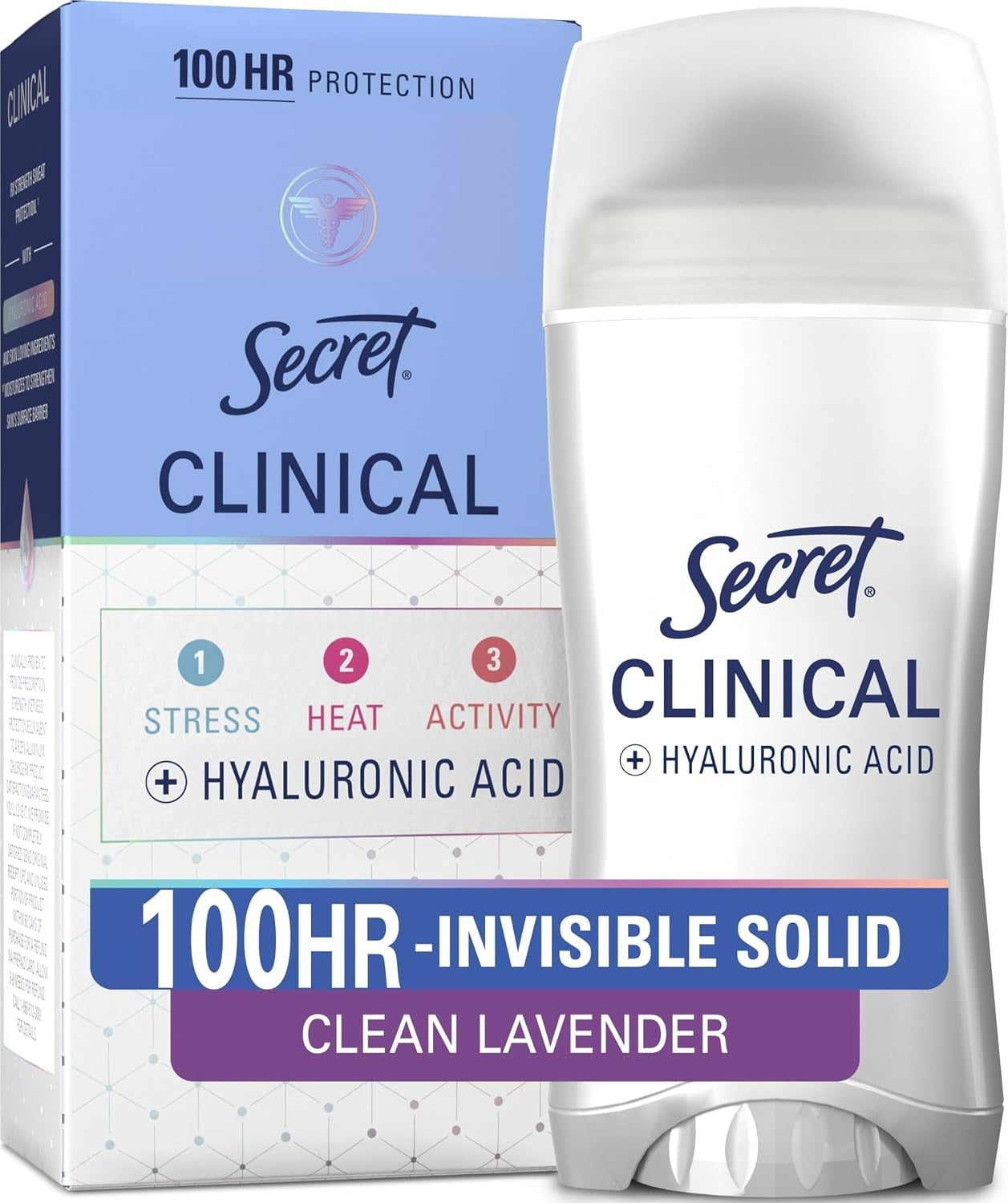 Clinical Strength 100HR Sweat & Odor, Invisible Solid Antiperspirant Deodorant for Women, 3X Stress Protection with Hyaluronic Acid, PH Balanced, Clean Lavender Scent, 2.6 Oz