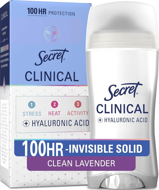 Clinical Strength 100HR Sweat & Odor, Invisible Solid Antiperspirant Deodorant for Women, 3X Stress Protection with Hyaluronic Acid, PH Balanced, Clean Lavender Scent, 2.6 Oz