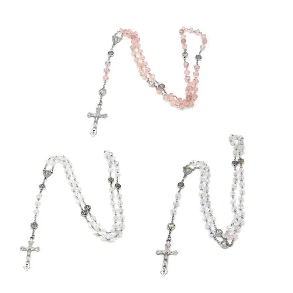1 Pc Colorful Crystal Bead Cross Pendant Necklace - Catholic Crucifix Statement Piece for Men, Long Chain Costume Jewelry, Baptism & First Communion Back to School Gift, Necklaces