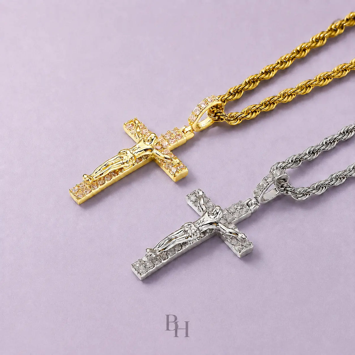 BH 14K Gold-Plated Metal Rope Chain Necklace, Jesus Cross Pendant Fashion Costume Jewelry Accessory,Sohochic