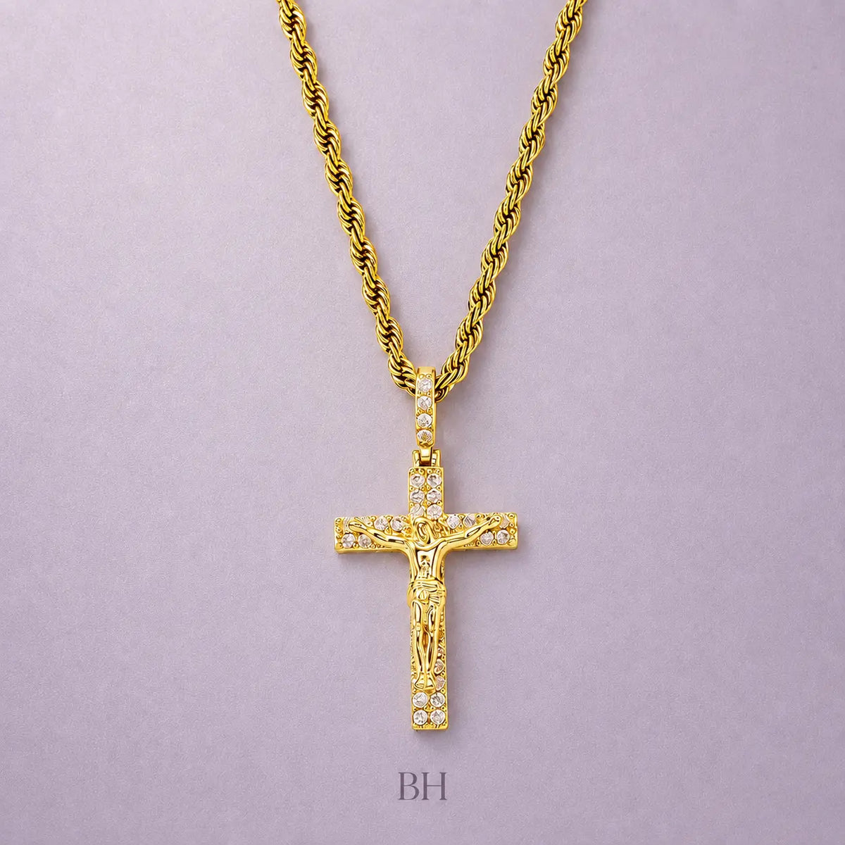 BH 14K Gold-Plated Metal Rope Chain Necklace, Jesus Cross Pendant Fashion Costume Jewelry Accessory,Sohochic