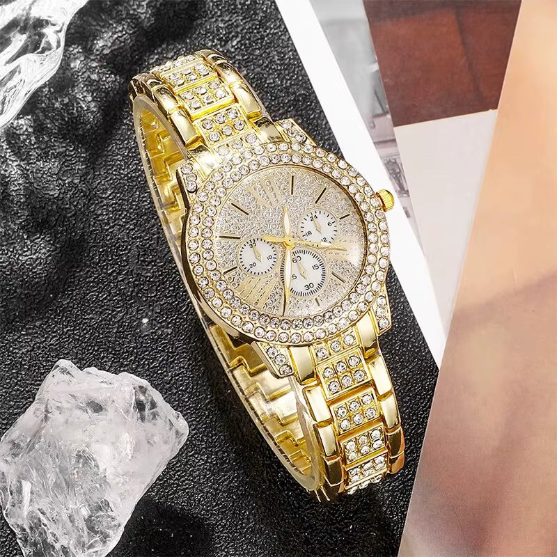 Women'S Quartz Watch Gold Luxury Women Ring Necklace Earring Rhinestone Fashion Wristwatch Casual Ladies Watches Jewelry Set